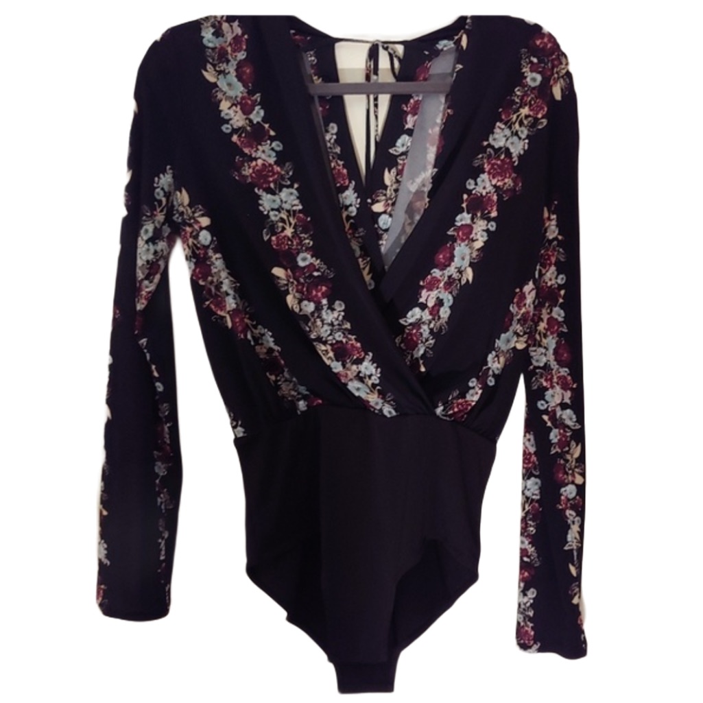 Bcbg Black Floral Wrap Splice Open Body Suit